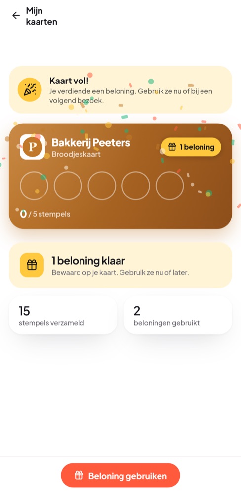 Een volle stempelkaart van een klant, met confetti